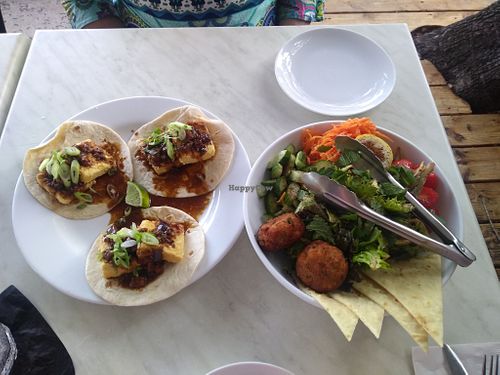 Ma Po Tofu Tacos and Falafel Salad at Caracara in Dunedin