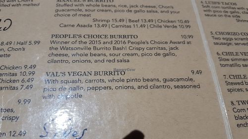 vals vegan burrito description  at Jardines de San Juan in San Juan Bautista