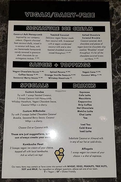 Dandy's vegan menu, gluten-free options labelled as well at Dandy's Artisan Ice Cream in Regina