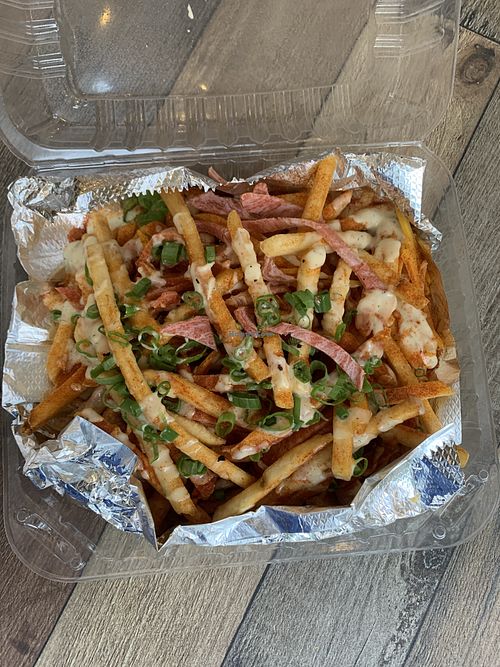 V-bacon cheeze fries  at Loving Hut in Redlands