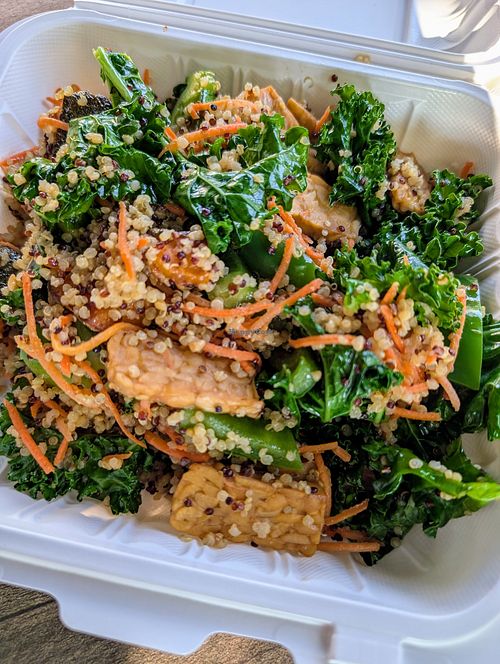 Tempeh with kale salad at Loving Hut in Redlands