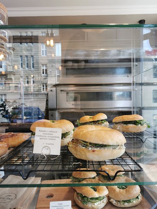 Bagel with vegan cream cheese, cucumber and sprouts. at Bread House in Torun