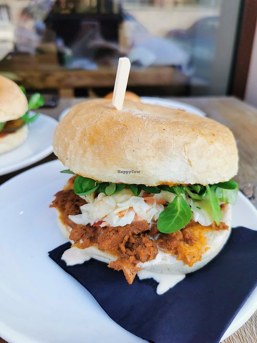 Bagel with soy meat, vegan cheese, coleslaw and lamb's lettuce. Amazing. at Bread House in Torun