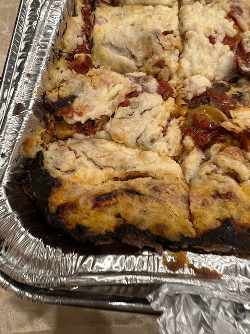 Burnt lasagna that she said this is how vegan cheese melts  at Ariela's Pizza & Kosher Kitchen in Las Vegas