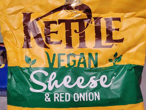 Vegan Kettle chips – absolutely fantastic, with a strong cheddar flavour at Baronesha in Tirana