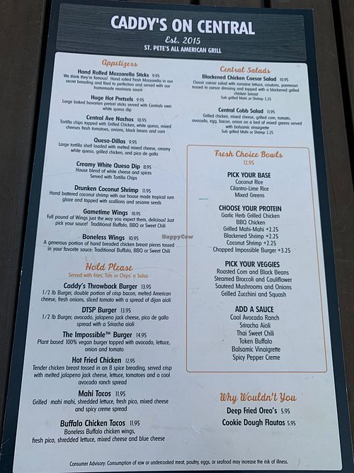 The menu at Caddy's On Central in St Petersburg