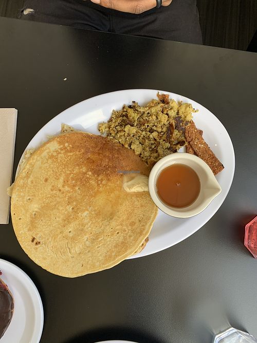 Pancake justegg and tempeh bacon my fiancé is soooo picky and he loved this meal!  at 4th & State in Columbus