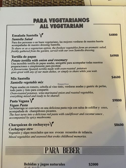 Menu at Santolla in Puerto Natales