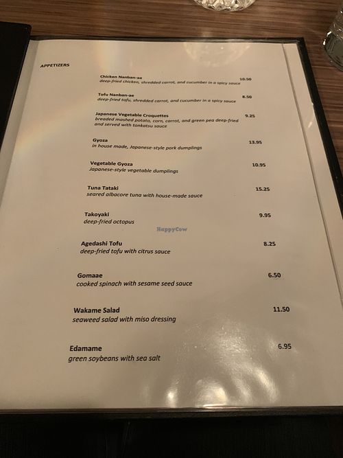 Menu (tofu nanban ae, veggie gyoza, gomaee, edamame are vegan) croquette has egg at Enso Sushi & Japanese Cuisine in Regina