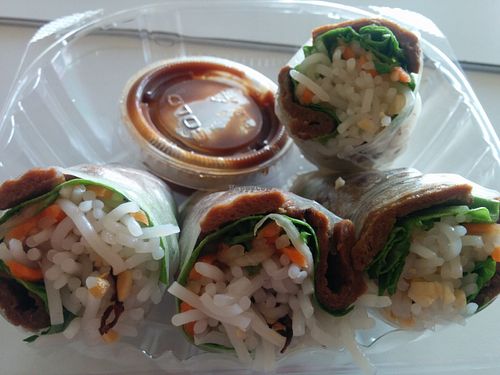 BBQ rolls with dipping sauce. Good for travel/takeout at Loving Hut in Houston