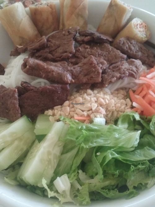 BBQ Vermicelli with golden spring rolls at Loving Hut in Houston