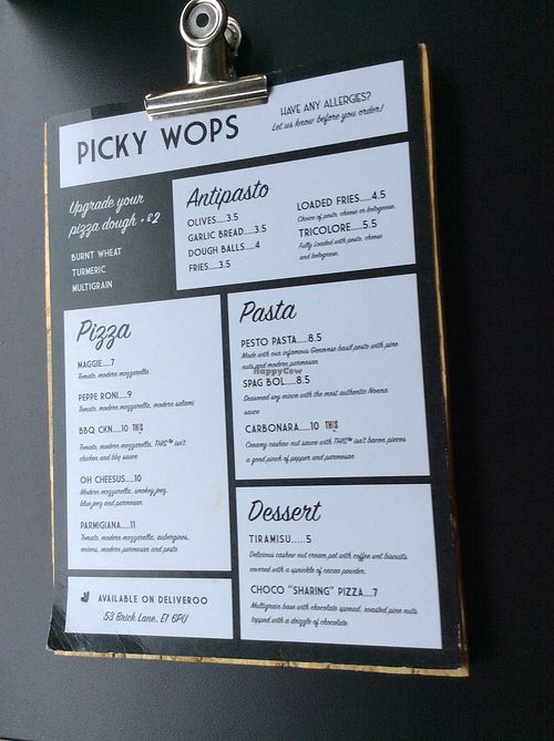 The menu at Picky Wops in East London
