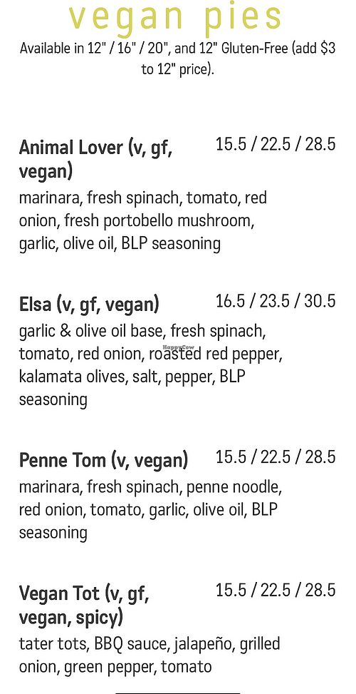 Vegan section of menu at Boss Lady Pizza in Boulder