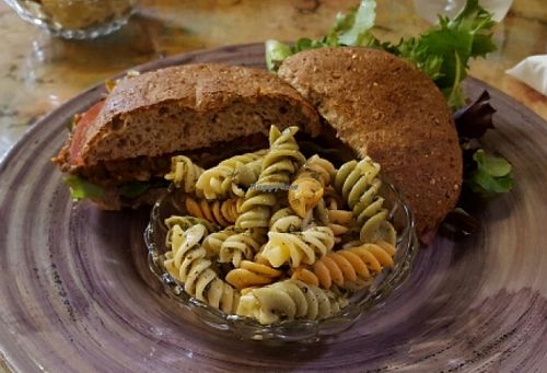 lentil burger and pasta salad  at Whole Earth Cafe in Gatlinburg