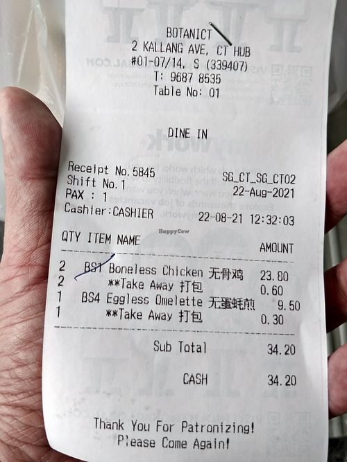 Receipt at Botanict 豐之素 in West Singapore