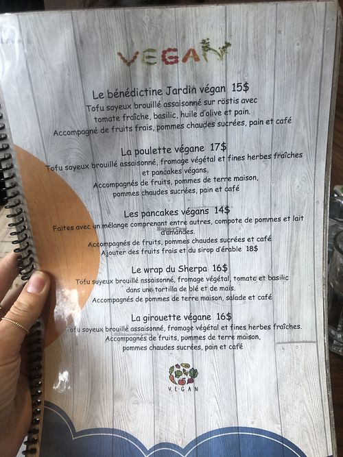 Vegan section in the menu at La Grand-Mère Poule in Montreal