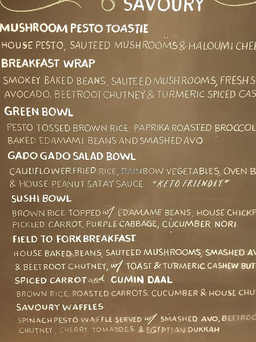 Savoury Menu at Field to Fork Wholefoods Kitchen in Adelaide