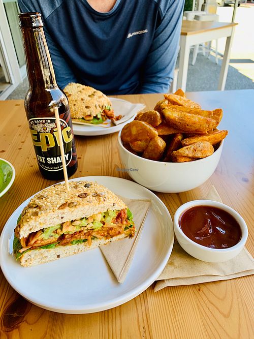 Jackfruit sandwich & wedges  at Flock Board Game Cafe in Nelson