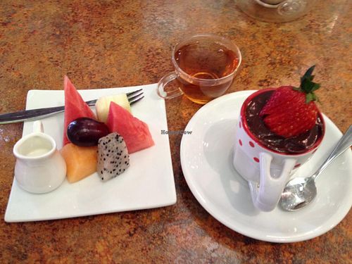 Desserts from daily special. Fruit and chocolate pudding.  at Loma House Vegetarian Express in Edmonton