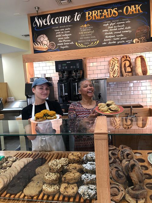 Counter pastries. Shown are Irish tea biscuits, cookies and maple glazed cinnamon rolls. All organic and vegan.  at Breads On Oak - Carondelet St in New Orleans