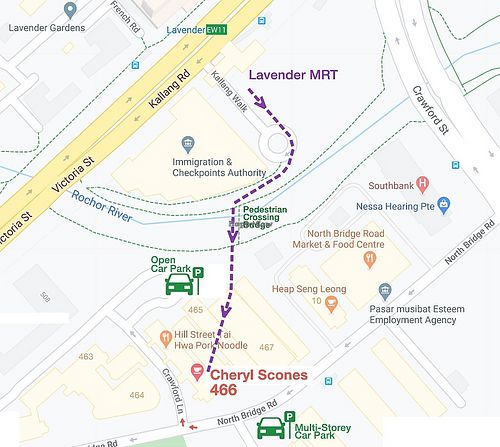 Directions from Lavender MRT station: Use exit A. 
Photo from cherylscones website at Cheryl Scones in Central Singapore