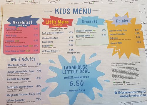 Kids menu - good vg options at Farmhouse in Harrogate