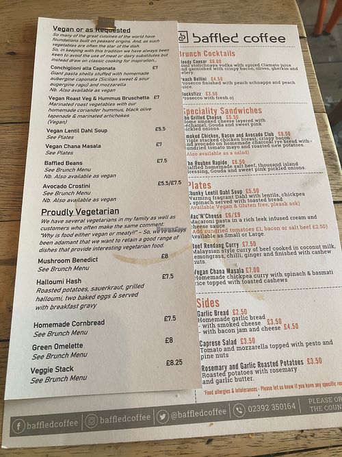 Menu at Baffled Coffee in Portsmouth