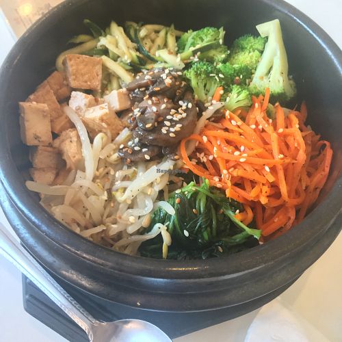 bibimbap- great selection of fresh and tasty veggies with tofu. rice was also super good and was all served in a traditional Korean stone bowl at Alice & Friends' Vegan Kitchen in Chicago
