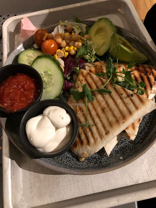 The vegan quesadillas with avocado on side at FiKA in Kiruna