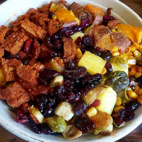 Create-your-own Bowl - Brown Rice quinoa, sweet potatoes, pineapple, dried cranberries, corn, honey roasted brussel sprouts, and vegan chorizo. at Brain Food in Brooklyn