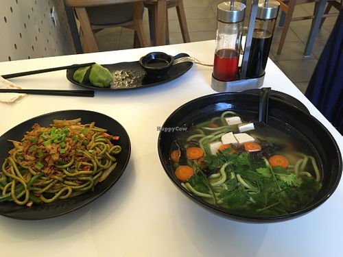 Saozi soup and noodles with veggies at Mian in Vilnius