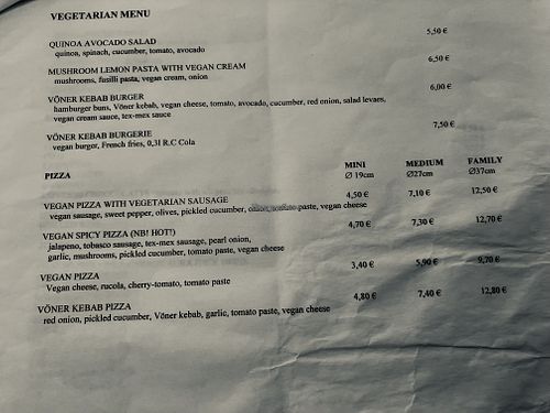 menu with vegan dishes at Päts Pitsakohvik in Rakvere
