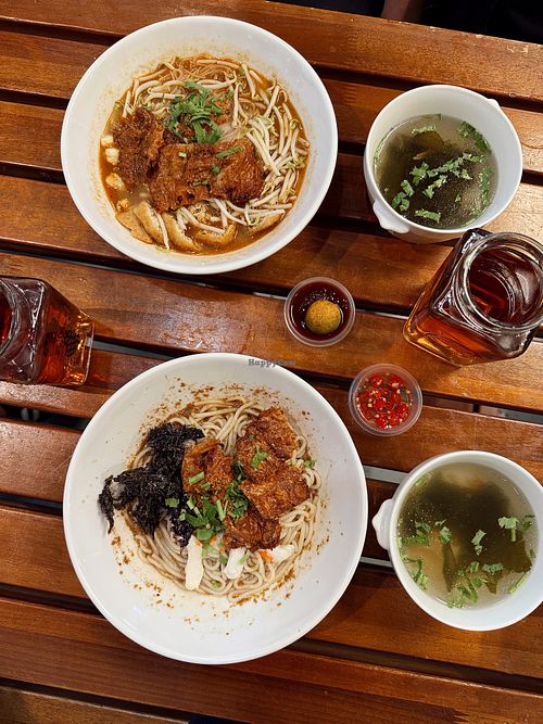 laksa noodles and sha cha rice noodles  at Greens Cafe in Kuching