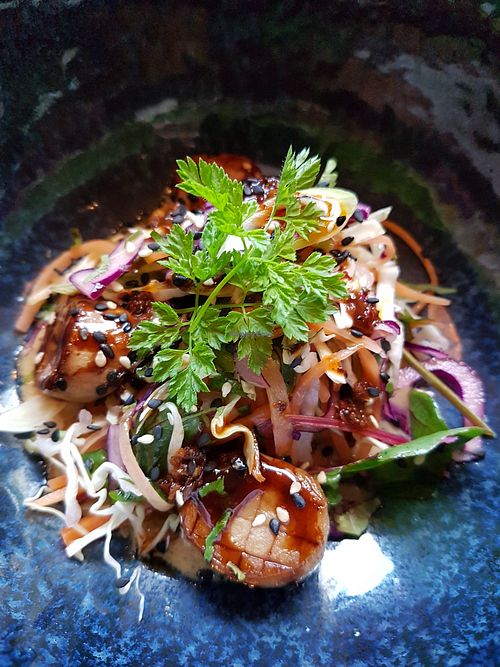King oyster mushroom, red cabbage, carrots at Silk Road in Oslo