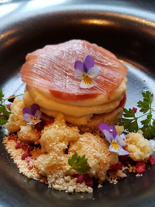 Rhubarb, almonds, white chocolate. at Silk Road in Oslo