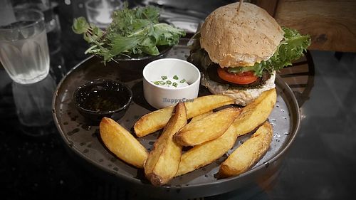 Kale and pesto burger at Downtown - Vegan Garden Restaurant in Chiang Mai