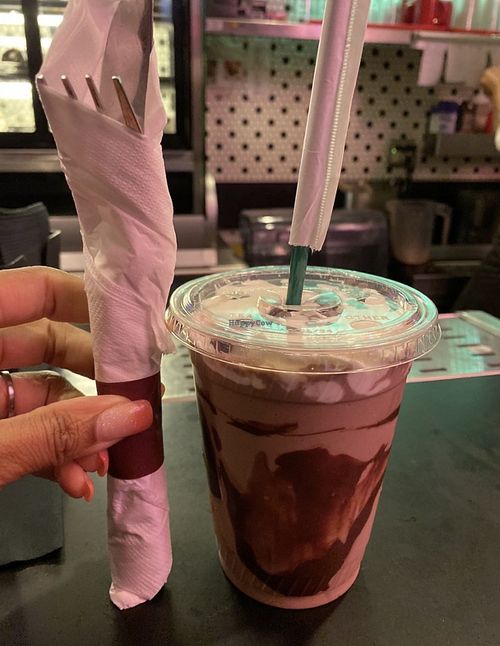 Yummy chocolate milkshake but so small for the price!  at The Chicago Diner - Lakeview in Chicago