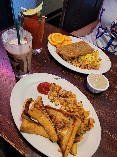 Monte Cristo with chocolate peanut butter milkshake and the steak and eggs with an extra spicy bloody Mary at The Chicago Diner - Lakeview in Chicago