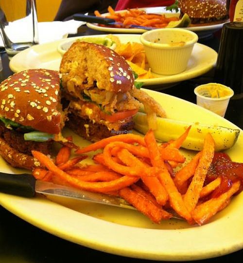 'Bacon' Cheezeburger Deluxe with Sweet Potato Fries at The Chicago Diner - Lakeview in Chicago