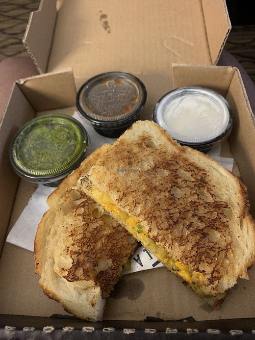Samosa grilled cheese with sauces at Cheesewalla in Redlands