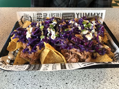 Jackfruit nachos...yum! at Bumbling Bee Vegan Junk Food in Boulder