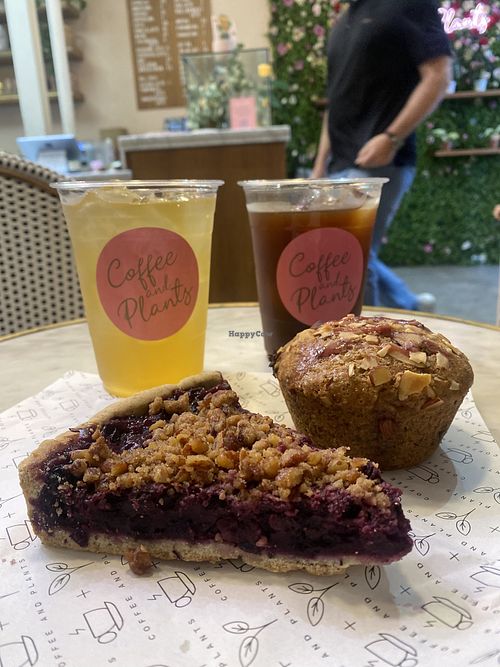 Blueberry pie, cherry almond muffin, drinks  at Coffee And Plants in Pasadena