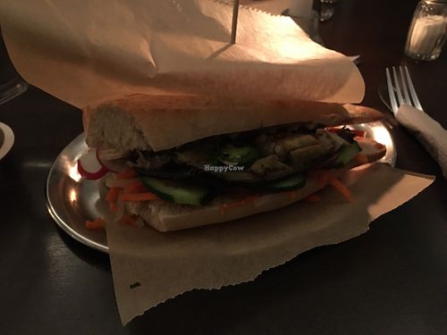 Vegan Banh Mi with hoisin mayo and grilled eggplant  at Cafe Bar Viktor in Augsburg