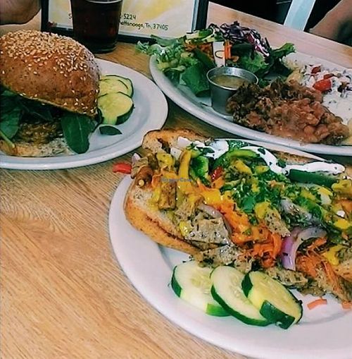 Sluggo's North in Chattanooga, TN. Pictured is the Philly Seitan, Teriyaki Veggie Burger, and Sweet Potato Enchiladas.  at Sluggo's North Vegetarian Cafe in Chattanooga
