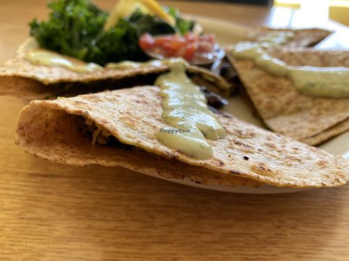 Pesto and portobello quesadilla with steamed kale  at Sluggo's North Vegetarian Cafe in Chattanooga