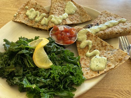 Pesto and portobello quesadilla with steamed kale  at Sluggo's North Vegetarian Cafe in Chattanooga