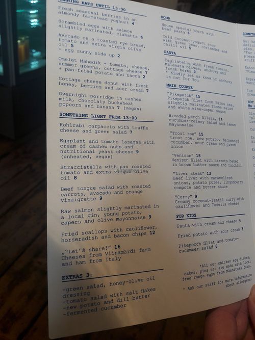 Menu at Mahedik in Parnu