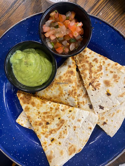 Choridilla - Plant-based chorizo and plant-based cheddar in a flour tortilla with sides of pico de Gallo and guacamole. at ROOST in York