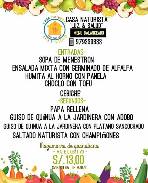 Menu of the day at Casa Vegetariana Luz y Salud in Lima