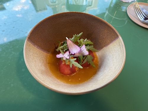 Tomatoes simmered in orange and oil base.  at KLE in Zurich